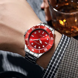 Luxury men's business quartz watch with red dial and stainless steel band detail view