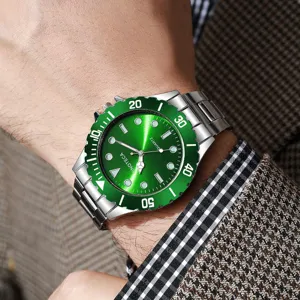 Close-up view of a luxury men's business quartz watch featuring a green dial and silver band