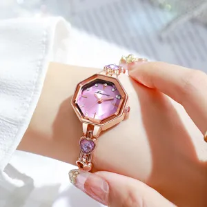 Mreurio Montre à Quartz Mode Femme Boîtier Octogonal Cadran Strass Bracelet Cœur Montre Élégante Bijoux en Or Rose Montre-Bracelet Pour Femme