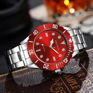 Men's luxury business quartz watch with vibrant red dial and silver stainless steel strap