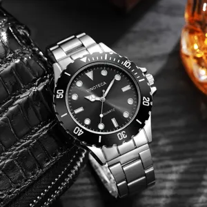 Macro view of a classic men's quartz watch with black bezel and silver steel band.