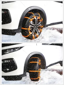 Universal snow chains for car and SUV tires, durable orange zip-tie design for winter driving safety.