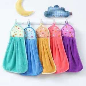 Hanging Coral Fleece Hand Towel Absorbent Kitchen Bathroom Wipe Cloth Cute Apple Print Soft Microfiber Towel