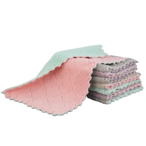 Double-sided coral fleece cleaning cloth set, soft absorbent dish towel for kitchen.