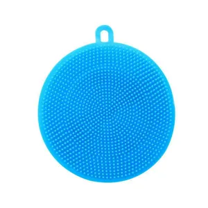 Blue round silicone dish washing sponge kitchen cleaning scrubber tool with hanging hole