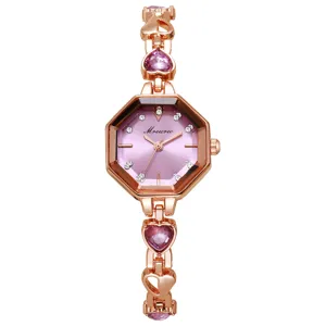 Élégante montre bracelet octogonale en or rose pour femme avec cristaux cœur violets