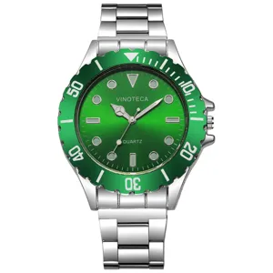 Luxury men's quartz business watch with green sunray dial and silver steel strap