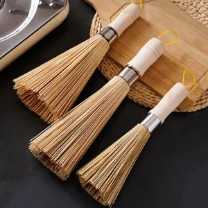 Long Handle Bamboo Pot Brush Kitchen Cleaning Tool Natural Wood Dish Scrub Brush For Cast Iron Pan And Stove