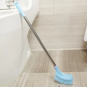 Long handle toilet brush set with stainless steel rod and durable plastic bristles for bathroom.