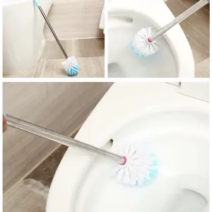 Stainless steel long handle toilet brush set for bathroom cleaning, durable and efficient.