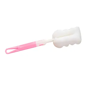 Cepillo de limpieza largo para tazas con cabeza de esponja blanca y mango rosa vivo