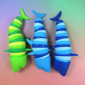 Articulated shark sensory fidget toy detail, flexible plastic multi-segment stress relief close up.