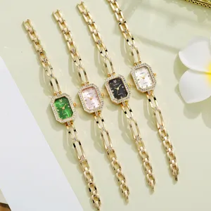 Elegantes Set goldener Damen-Armbanduhren mit rechteckigen Strass-Zifferblättern in 4 Farben