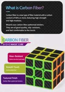 Dettaglio del cubo di Rubik 3x3 in fibra di carbonio che mostra la struttura e adesivi di qualita.