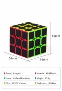 Vista dettagliata del cubo di velocità 3x3 in fibra di carbonio con dimensioni e materiali.