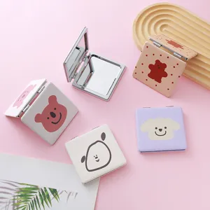 Tragbarer Mini Schminkspiegel Süß Cartoon PU Leder Metallrahmen Doppelseitiger Klappbarer Taschenspiegel Für Damen
