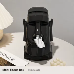 Gedetailleerd overzicht van de retro Moai hoofd tissuebox, premium ABS, stijlvol bureaudecor.