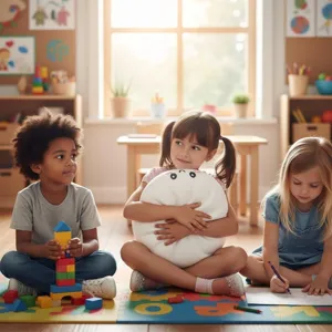 Hermosa escena de niños jugando en el interior con un gran juguete antiestrés de baozi.