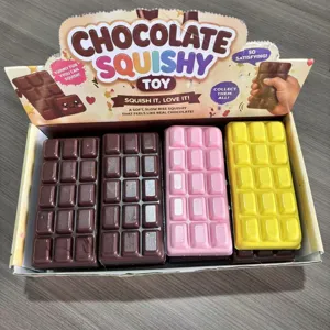 Detailed shot of colorful slow rise chocolate squishy toy bar, soft stress relief toy set.