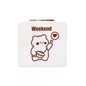 Portable mini pocket makeup mirror with cute cartoon bear print, square folding design.