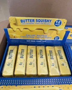 Closeup detail of buttery squishy toy display box, slow rising stress relief novelty item.