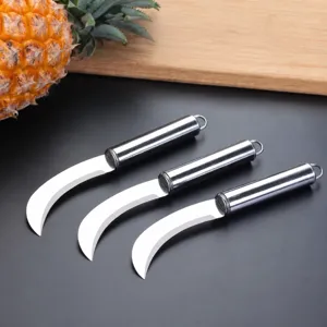 Stainless steel curved fruit knife detail showing sharp blade and convenient hanging ring.