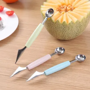 Stainless steel dual head fruit melon baller carving knife with colorful handle for kitchen