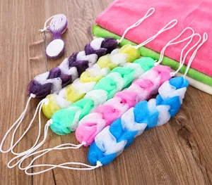 Colorful long bath sponge mesh with hanging rope for body cleaning shower exfoliation use.