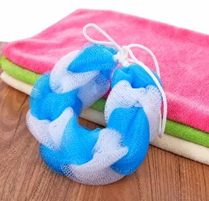 Blue and white mesh bath sponge long back scrubber for shower, soft exfoliating body loofah.