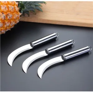 Stainless steel curved fruit knife set of three showing blade detail and metal handle design.