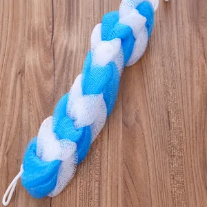 Blue and white long mesh bath sponge for body scrubbing, soft exfoliating back scrubber strap.