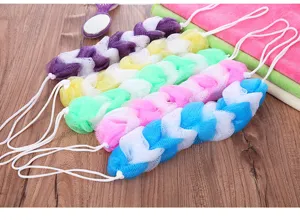 Esponja de bano larga para ducha con cuerda colgante, malla suave para limpieza corporal.