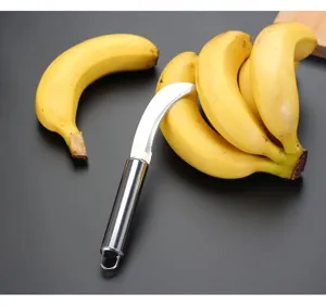 Stainless steel banana knife curved fruit cutter with metal handle for kitchen fruit peeling use.