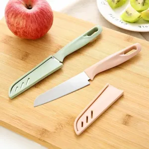 Portable stainless steel fruit knife set with protective sheath for kitchen home cooking.