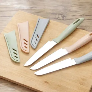 Portable stainless steel fruit kitchen knife set with protective sheaths for peeling.