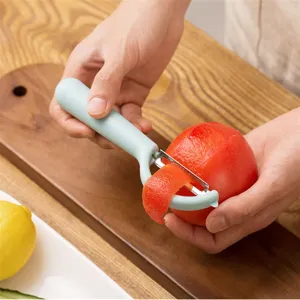 Kitchen vegetable and fruit peeler with ergonomic light blue handle and stainless steel blade.