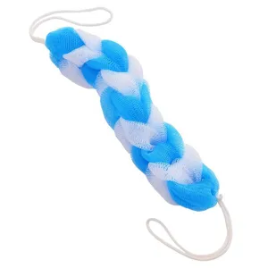 Esponja de baño de red larga para exfoliación, diseño trenzado azul y blanco con tiras colgantes.