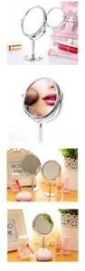 Desktop double-sided makeup mirror with round rotating swivel glass and stable metal stand.