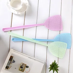 Household colored plastic fly swatter with long handle and mesh design for summer home use.