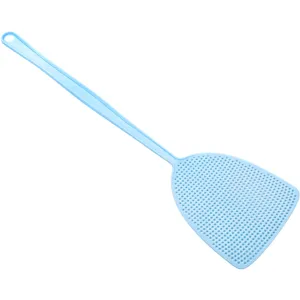 Durable plastic flyswatter with long handle and mesh design for effective pest control.