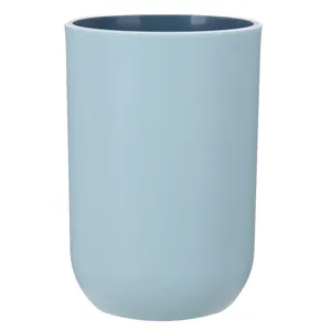 Minimalist toothbrush rinsing cup, light blue plastic bathroom tumbler for daily use.