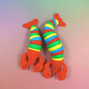 Detail shot of the colorful articulated lobster fidget toy, showing flexible segmented body.