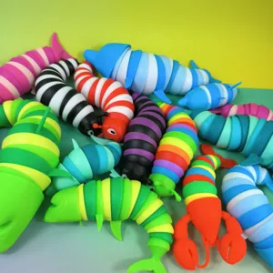 Colorful articulated sensory fidget slug shark and lobster toys set for kids relief stress.