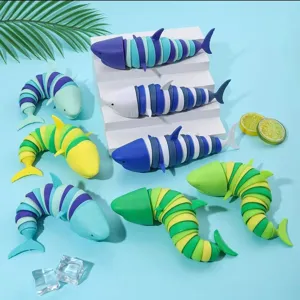 Detailed view of colorful articulated shark sensory toys, flexible fidget toys in assorted colors.