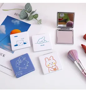 Portable square foldable double-sided pocket makeup mirror with cute cartoon prints and smooth case.
