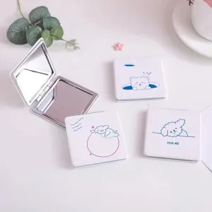 Portable folding square makeup mirror with cute cartoon design, double-sided pocket mirror.