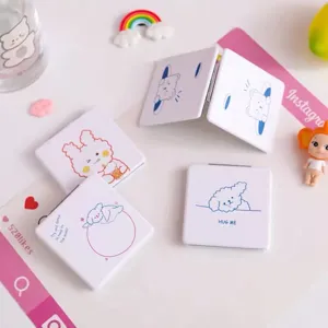 Portable square folding makeup mirror with cute cartoon design double sided PU cosmetic mirror