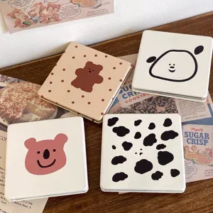 Portable Folding Makeup Mirror Cute Cartoon Bear Cow Pattern Desktop Compact Pocket Cosmetic Mirror For Student Girls Daily Use