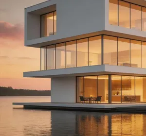 Modern luxury waterfront villa architectural lifestyle background scene for home aromatherapy.