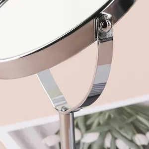 Desktop makeup mirror with chrome metal stand, double-sided round vanity mirror for desk.